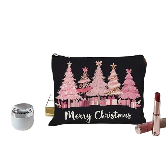 Festive Pink Christmas Tree Jute Tote With Makeup Bag - Picture 6 of 7